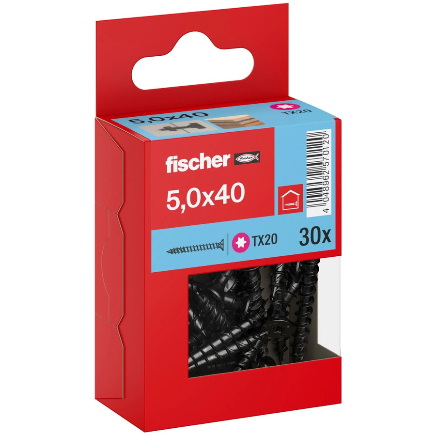 Fischer PowerFast II Senkkopf Schraube mit Torx-Antrieb und Vollgewinde, Farbe: Schwarz, Durchmesser: 5 mm, Länge: 40 mm, 30 Stück - Bild 2