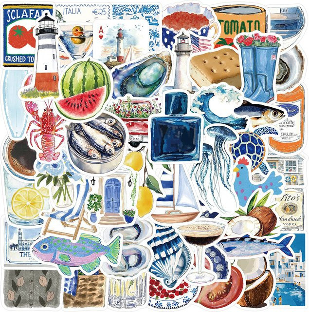 50 Stück Vintage-Aquarell-Aufkleber Open Sea in Multicolour für Gepäck, Handykappen und Handyhüllen von AufnahmeYourLife Store - Bild 1