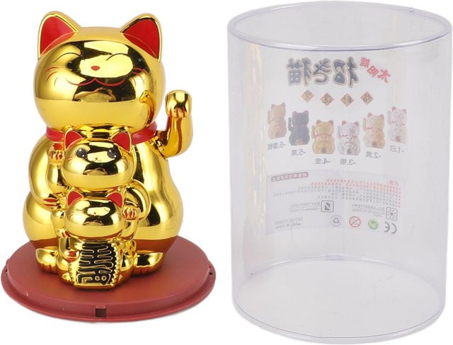Solar Winkende Glückskatze mfySpace als Fengshui Desktop Ornament in Gelb und Gold - Bild 1