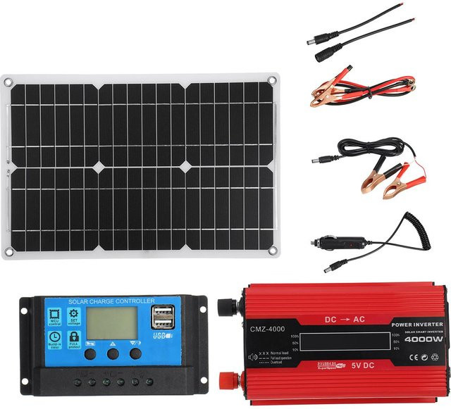 Solarstromanlage Komplettset mit 4000 W Solarwechselrichter, 20 W Solarpanel, Batterieladegerät und Solarregler in Rot - Bild 1