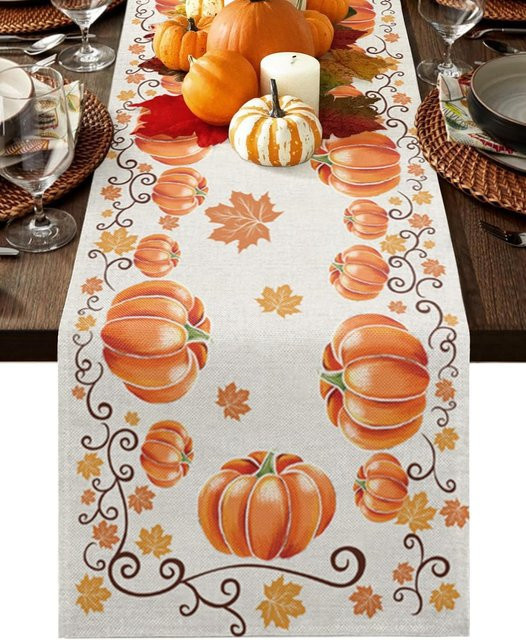 JMG Household Supplies Tischläufer aus Leinen mit Herbst-Motiv Kürbisse und Ahornblättern, Mehrfarbig, Breite: 150 cm, Tiefe: 33 cm - Bild 1