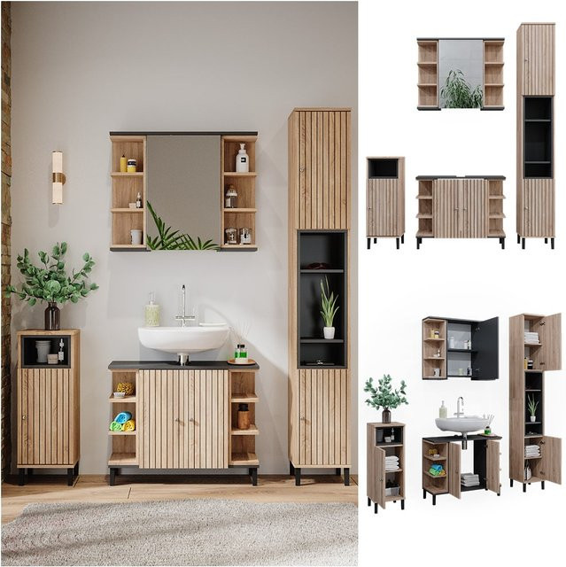 Vicco Badmöbel-Set Aquis in Sonoma und Anthrazit bestehend aus Waschtischunterschrank, Spiegelschrank, Midischrank und Hochschrank - Bild 1
