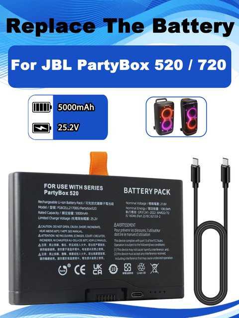JBL Ersatz Akku für Partybox 520, Partybox 720 und Boombox 4 Bluetooth Lautsprecher, 21,6 V 5000 mAh, Schwarz - Bild 1