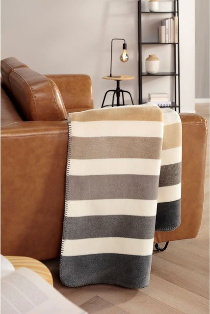 Biederlack Wohndecke Horizon in Beige und Multicolour, gestreiftes Fleece-Design für Erwachsene, pflegeleicht - Bild 1