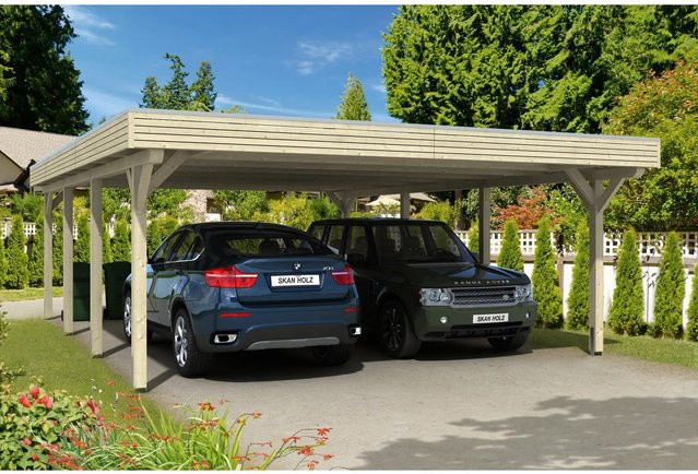 Skan Holz Doppelcarport Spessart Flachdach aus Fichte in Beige mit Aluminium-Dachplatten, B/T: 611 x 846 cm, Höhe: 258 cm - Bild 1