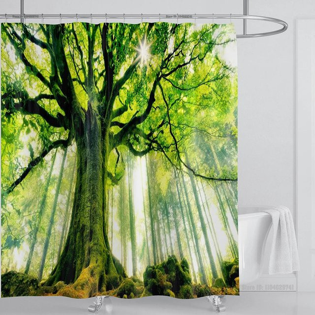 Moderner wasserdichter Duschvorhang mit 3D-Wald-Landschaftsmotiv in Grün, inklusive Haken, B: 90 cm, H: 180 cm - Bild 1