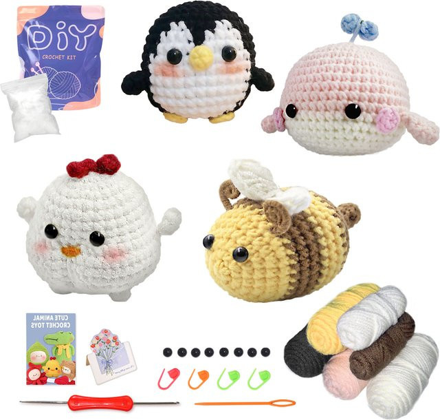 YAMAXIN Häkelset Wal-Küken-Pinguin-Bienen, 4er-Pack, Amigurumi-Strickset - Bild 1