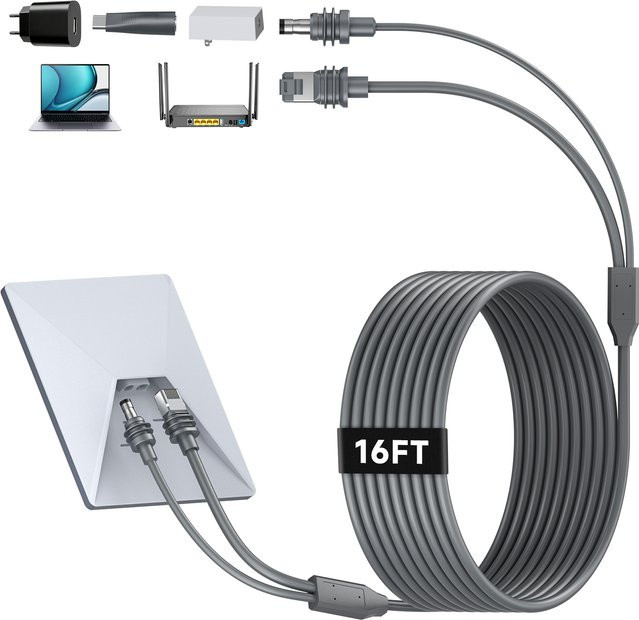 FONKEN 2-in-1 Datenkabel für Starlink Mini: DC-zu-USB-C Ethernet-LAN- und Schnellladekabel, Schwarz, 5m - Bild 1
