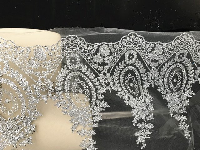 Glitzer-Spitzenapplikation mit Blumenmuster und Perlen für Hochzeitskleider, 10 Yards, Gold und Silber - Bild 1