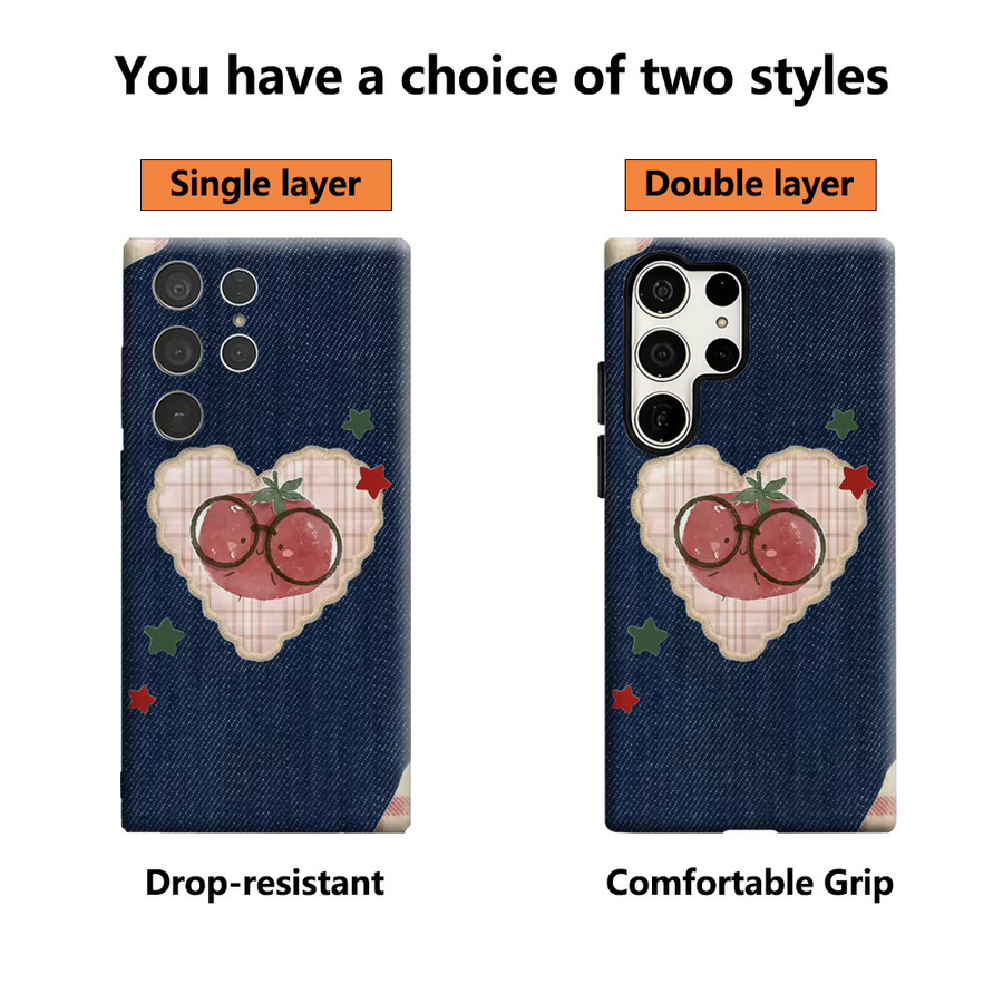 Samsung Handyhülle im Denim-Stil mit Tomaten-Design für Galaxy S25 Ultra, S24 und S23 Ultra Plus in Blau mit glänzender doppellagiger Rückseite - Bild 2