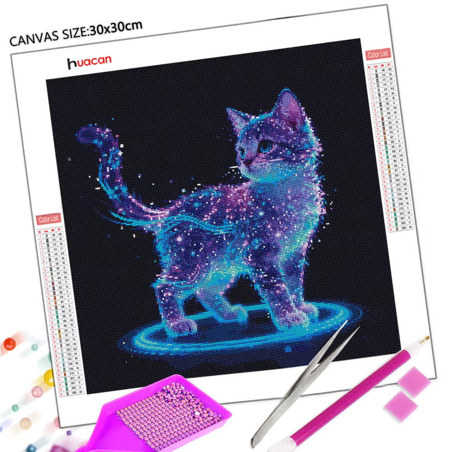 Huacan DIY-Diamantgemälde Katze als Motiv mit bunten Strasssteinen und runden Steinen, Breite: 20 cm, Höhe: 20 cm - Bild 2