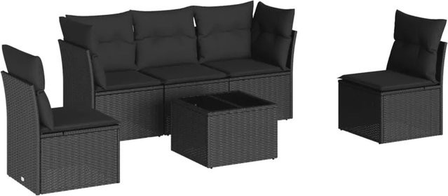 vidaXL 6-tlg Garten-Sofagarnitur in L-Form aus Polyrattan mit Kissen und Couchtisch, Schwarz - Bild 1