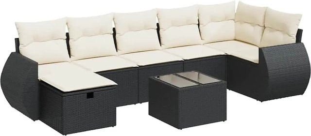 vidaXL 8-tlg. Garten-Sofagarnitur in L-Form mit Kissen und Ottoman, Schwarz, Poly-Rattan mit Metallgestell - Bild 1