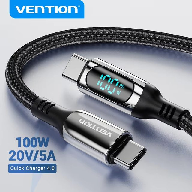 Vention USB-C auf USB-C Schnellladekabel mit 100W PD-Ladung und LED-Anzeige, Schwarz - Bild 1