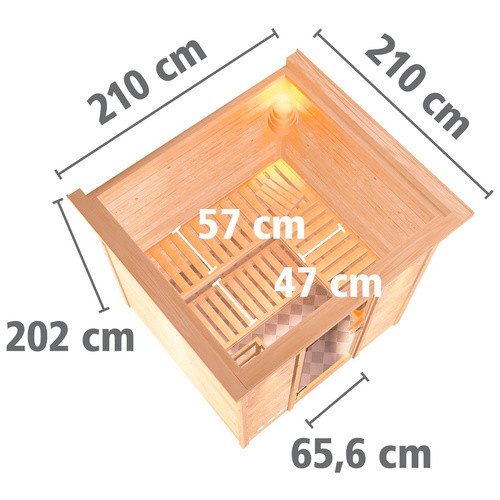 Karibu Sauna Valga aus Fichtenholz in Beige inklusive 9 kW Saunaofen mit integrierter Steuerung für 4 Personen, B/T/H: 210 x 202 x 210 cm - Bild 2