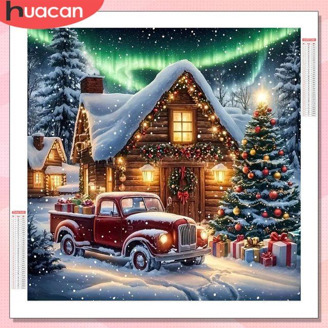 HUACAN Diamant-Malerei-Set Winterhaus mit Weihnachtsbaum als Diamant-Mosaik Dekoration für dein Zuhause - Bild 1