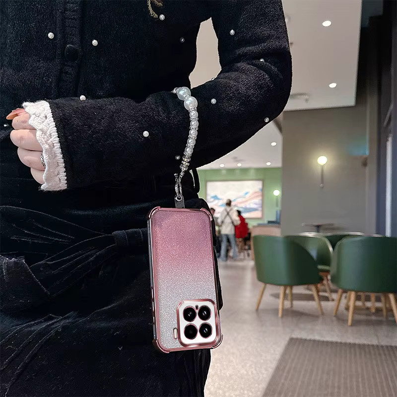 Stoßfeste TPU-Handyhülle mit Gradient Glitter Effekt und luxuriösem Perlenketten-Handschlaufenband für Xiaomi 15 15T Pro in Pink - Bild 3