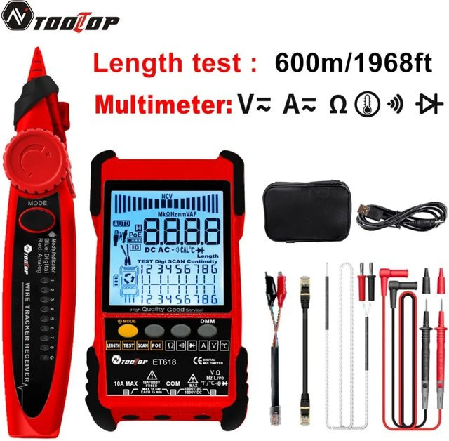 TOOLTOP Netzwerk Kabel Tester und Multimeter mit LAN Tracking und PoE Messung in Rot - Bild 1