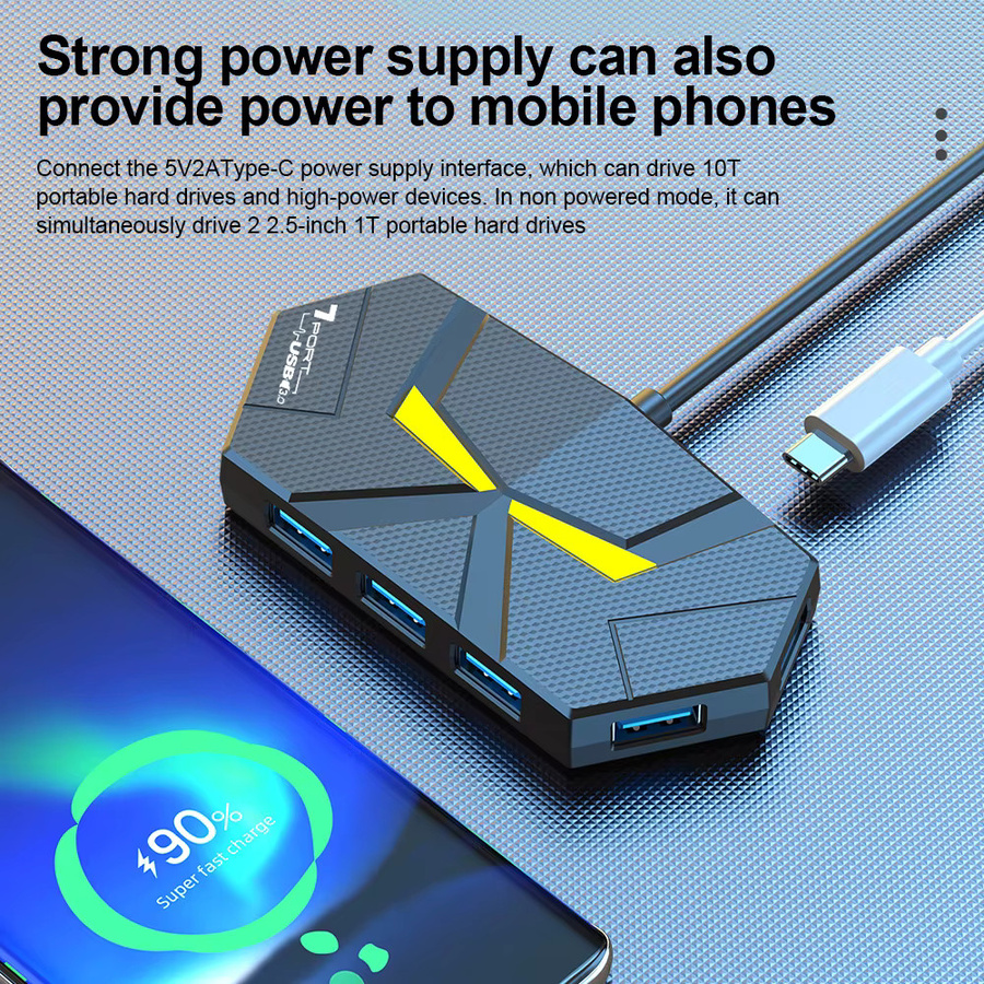 Kebidumei USB-C USB 3.0 Hub Docking Station mit 7 Ports, 5 Gbit/s High Speed Übertragung und PD Netzteil, Schwarz - Bild 2