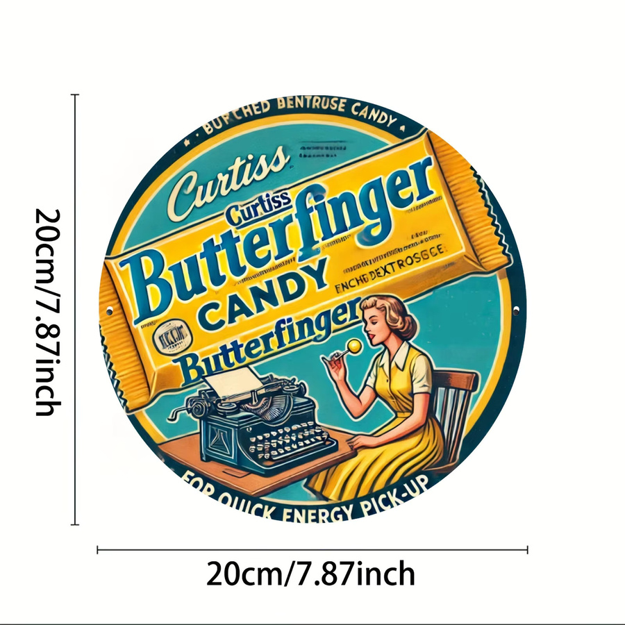 Potdemiel Vintage Butterfinger Candy Metallschild, rundes Aluminium-Wandkunst-Schild in Blaugrün, Durchmesser: 20,3 cm - Bild 2