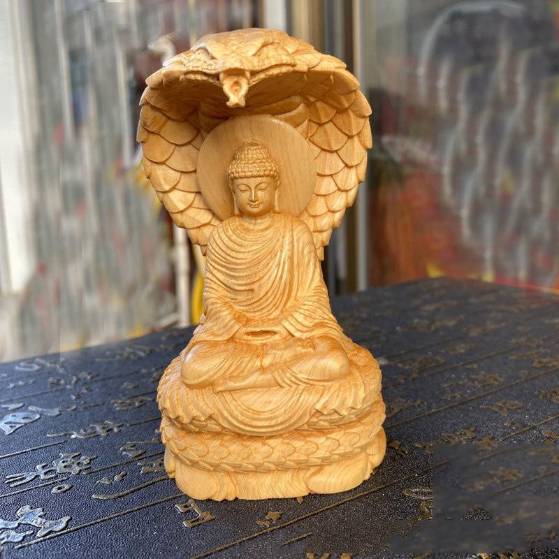 Yiran Furniture Buddha Figur Schlange beschützt aus Klippen-Zypressenholz, braun, Höhe: 12,0 cm - Bild 3