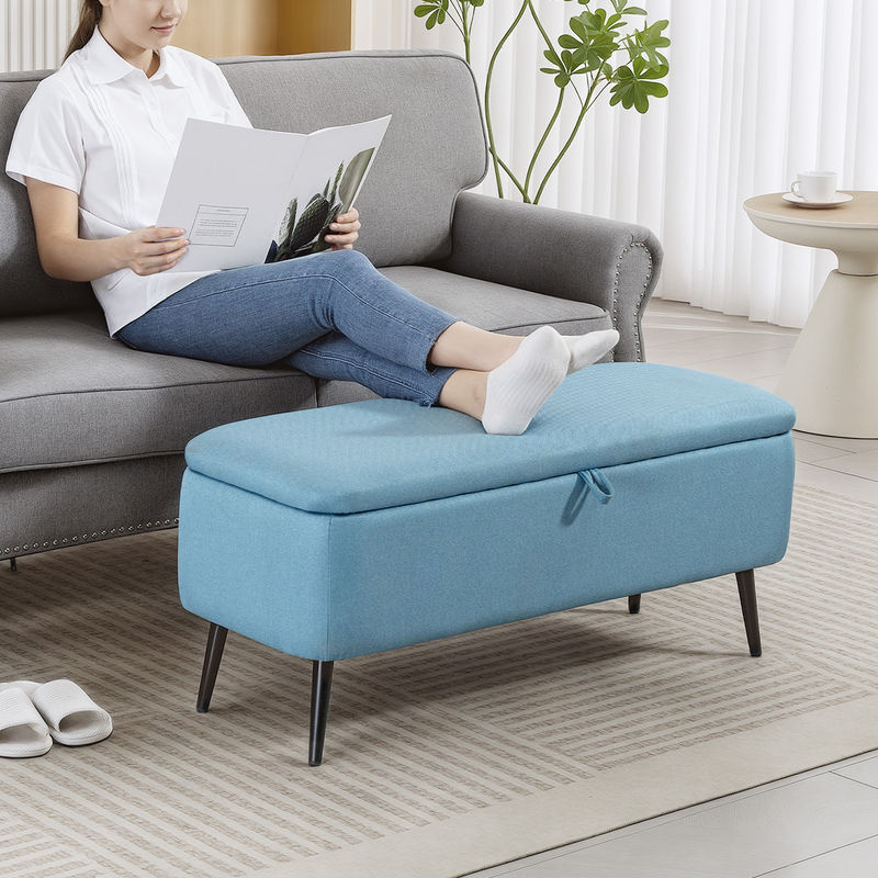 HOMCOM Aufbewahrungs-Pouf Aufbewahrungsbank mit Synthetik-Leinen-Bezug und Stahlbeinen in Hellblau, B/T/H: 101 x 38,5 x 44,5 cm - Bild 2