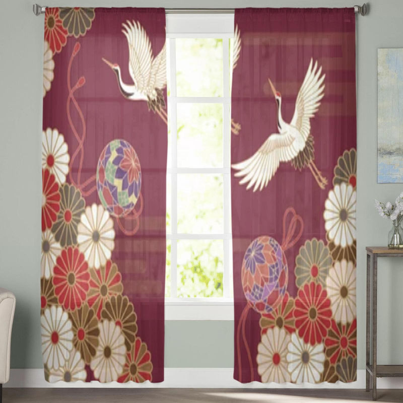 Super Six Transparenter Tüll-Vorhang mit Kranich und Hortensien-Blumenmuster in Rosarot, Breite: 135 cm, Höhe: 114 cm - Bild 2