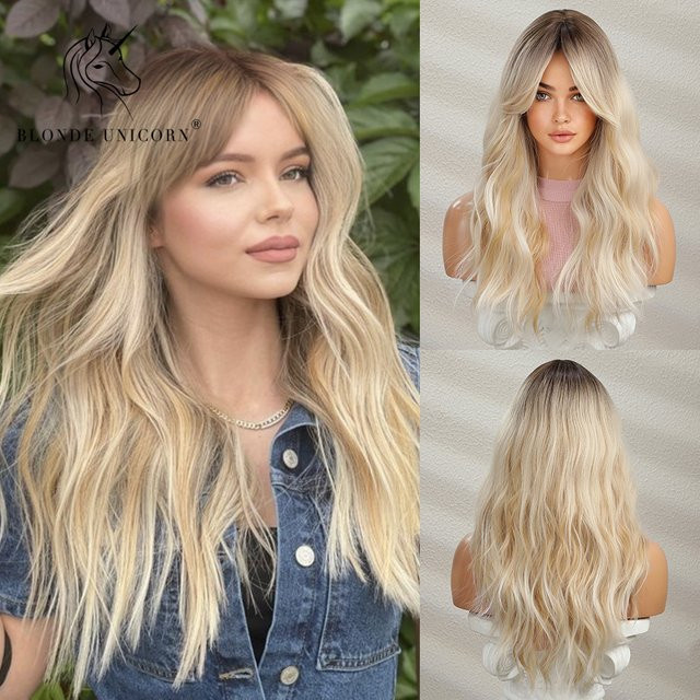 Blonde Unicorn Synthetik-Perücke, Ombré-Blond, lang, natürlich gewellt, Damen - Bild 1