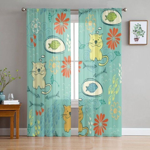 Super Six Transparentes Tüllvorhang mit schwarzer Katze und Hexenhut, Voile-Organza-Vorhang für Wohnzimmer und Küche, Farbe: Schwarz, Breite: 135 cm, Höhe: 114 cm - Bild 1