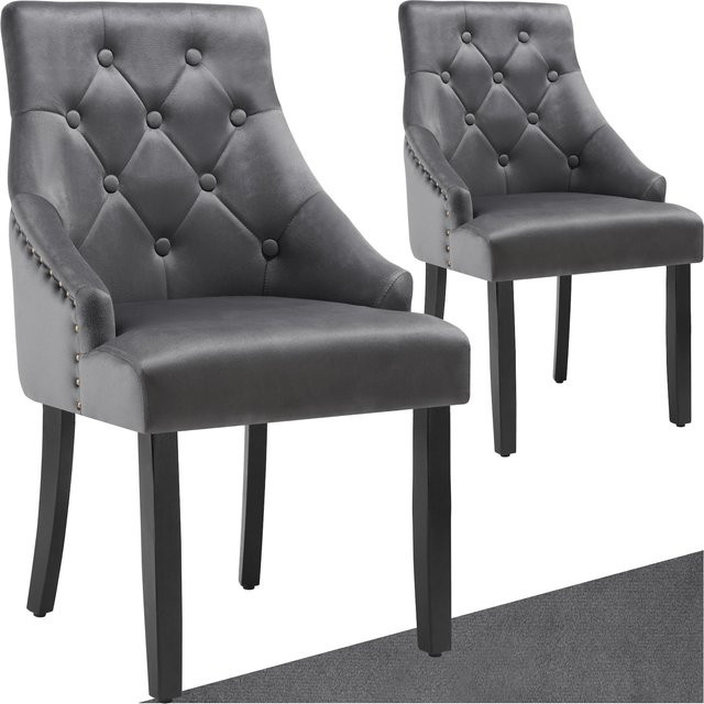 2er Set Tectake Esszimmerstühle Everdeen, gepolstert in Samtoptik mit seitlichen Zierknöpfen und massiven Holzbeinen, Grau, B/T/H: 57 x 52 x 91 cm - Bild 2
