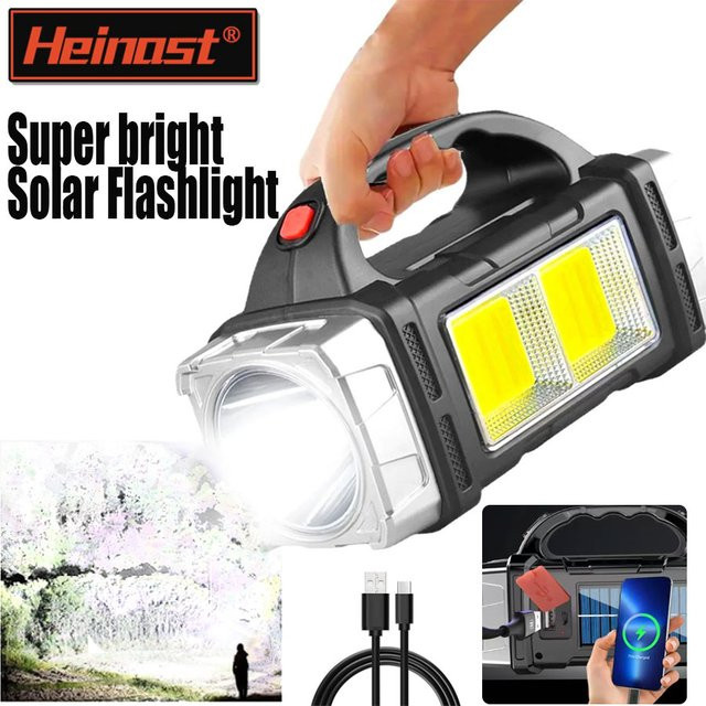 Heinast Solar LED COB Taschenlampe mit Powerbank, wasserdichte multifunktionale Handlampe in Schwarz - Bild 1