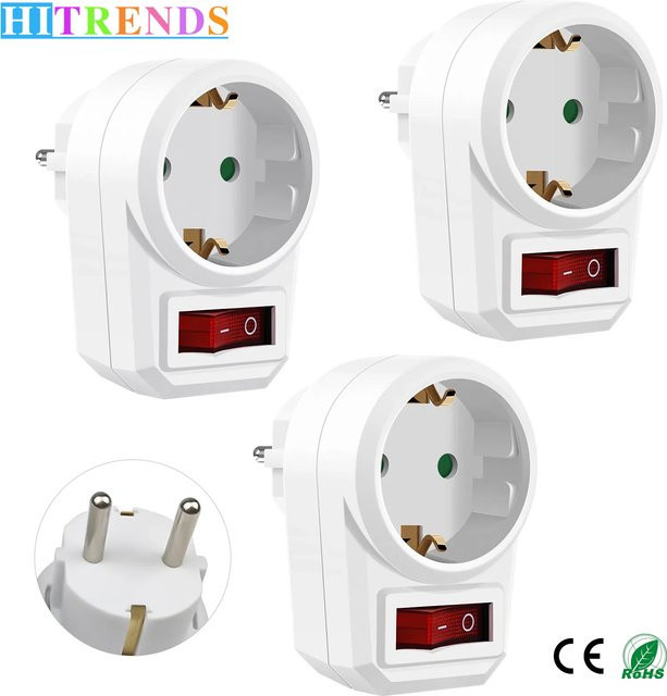 HITRENDS EU-Steckdosenadapter mit Schalter in Weiß, geerdet, 250V 16A - Bild 1
