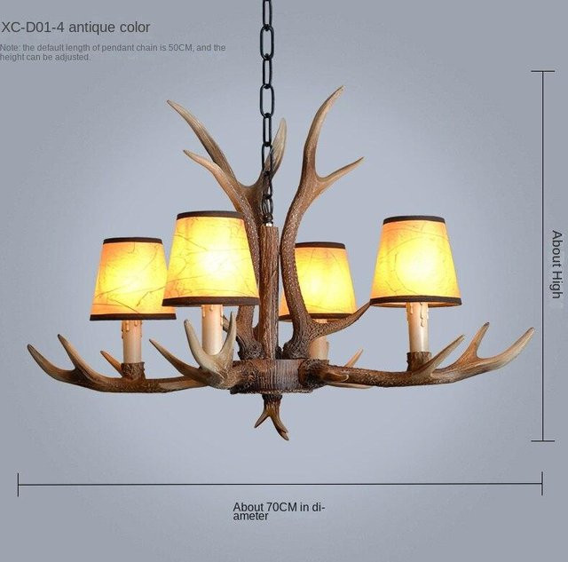 Yuda Lighting Harz-Geweih-Kronleuchter in Antik-Optik mit 4 Lampenschirmen, Farbe: Gelb/Braun, Warmweißes LED-Licht - Bild 1