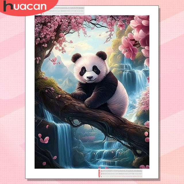 HUACAN Diamant-Malerei Panda mit Blumen als Mosaik-Kunstbild in Mehrfarbig, rund - Bild 1