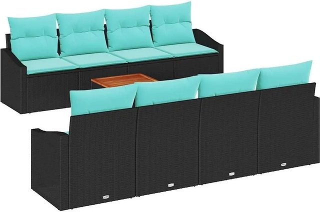 vidaXL Gartensofa-Set 9-teilig aus Poly-Rattan und Akazienholz in Schwarz mit Kissen - Bild 1