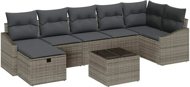 vidaXL Garten-Sofa-Set aus Polyrattan in Grau, 8-teiliges Outdoor-Lounge-Set mit Kissen, Ottomane und Couchtisch für Garten, Terrasse oder Balkon - Bild 1