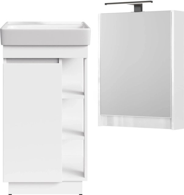 Planetmöbel Badmöbel Set NYX Matt Weiß mit Waschbecken und LED Spiegelschrank, Breite: 45 cm - Bild 1