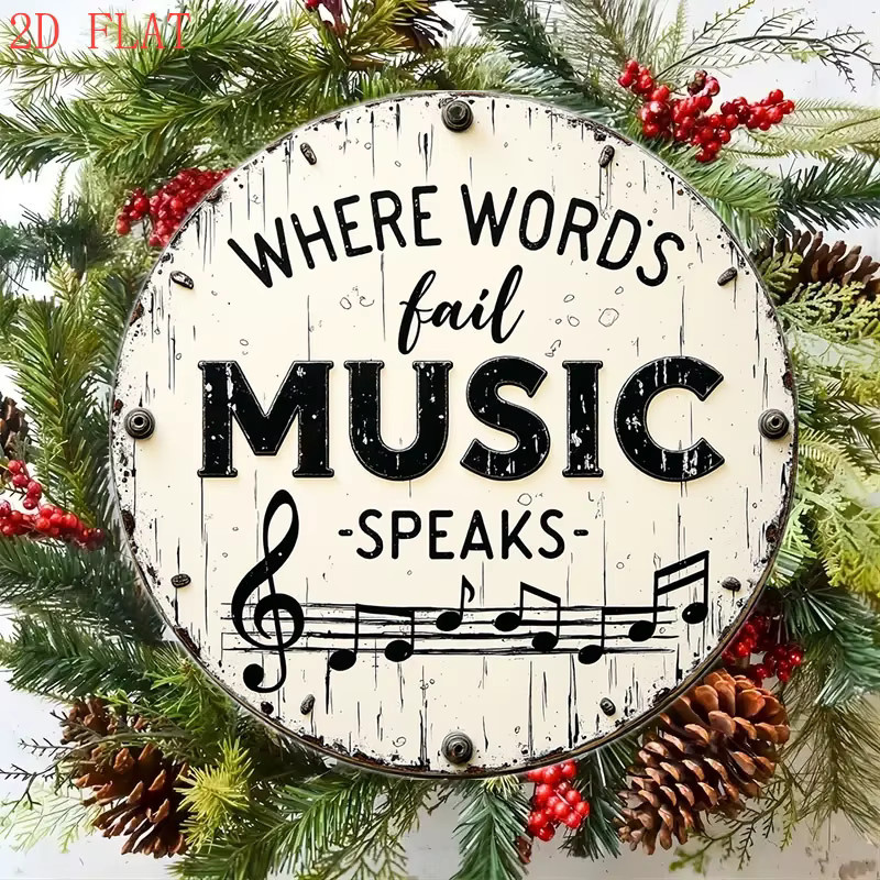 Rundes Aluminium-Wandschild von Potdemiel mit Musiknoten und Typografie Where Words Fail Music Speaks in Weiß, Durchmesser: 20,32 cm - Bild 5