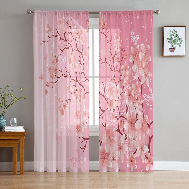 Transparente Tüll-Gardine mit Kirschblüten und Schmetterlingen in Pink, Breite: 135 cm, Höhe: 115 cm - Bild 1