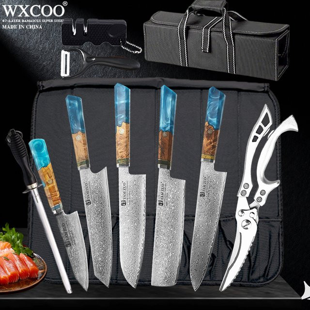 WXCOO Kiritsuke-Messer Set mit Damaskus-Muster in Silber, Japanisches Küchenmesser für Fischfilet und zum Ausbeinen - Bild 1