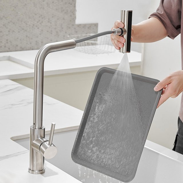 Edelstahl Küchenarmatur mit Wasserfall-Funktion und herunterziehbarem Sprühgerät in Silber - Bild 1