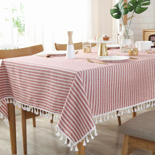 Super Six Tischdecke aus Baumwollleinen mit Streifen und Quasten in Rot, rechteckig, 130 x 180 cm - Bild 1