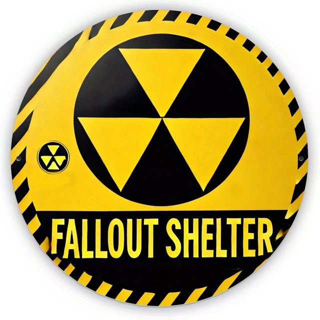 Potdemiel Vintage Aluminium Wandbild Nuclear War Shelter Schild in Gelb und Schwarz, Durchmesser: 20 cm - Bild 1