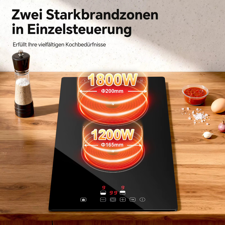 KICHPOWER 2-Zonen-Keramikkocher mit 3000 W, Kindersicherung, 9 Heizstufen und Timer, Schwarz - Bild 2