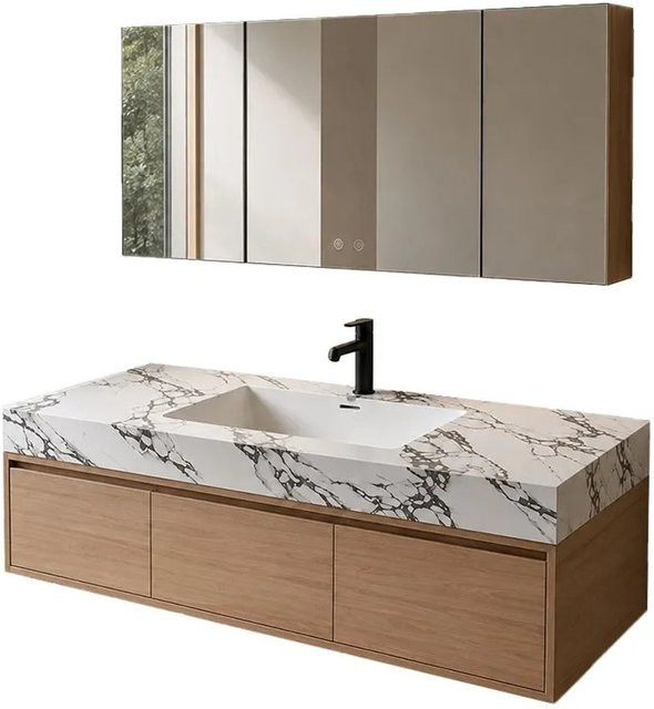 360Home Badmöbel Set mit Sinterstein Waschbecken und Spiegelschrank in Braun, Wandhängender Waschtischunterschrank mit LED-Beleuchtung und Anti-Beschlag-Funktion, Breite: 140 cm, Tiefe: 55 cm, Höhe: 3 cm - Bild 1