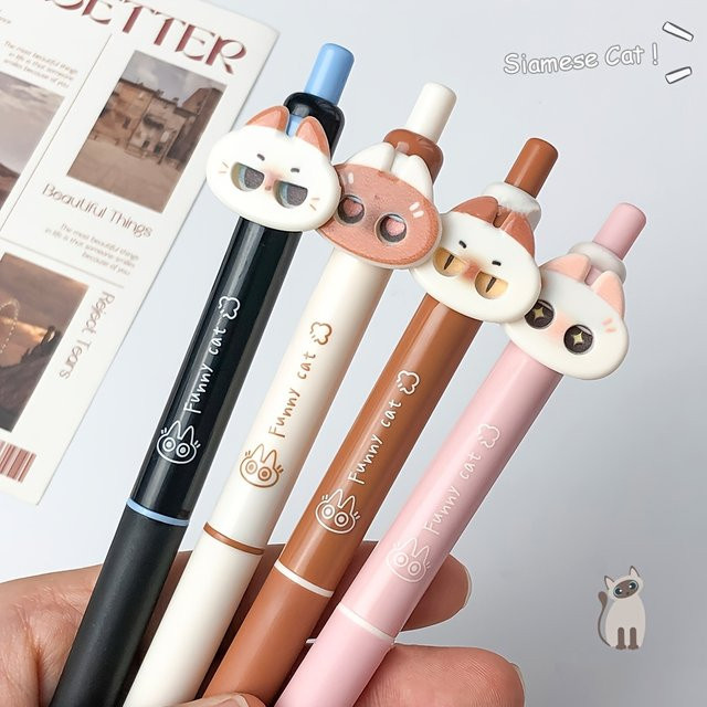3-teiliges Set kreative Gelschreiber in Form einer siamesischen Katze mit schwarzer Tinte und zufälligen Farben - Bild 1