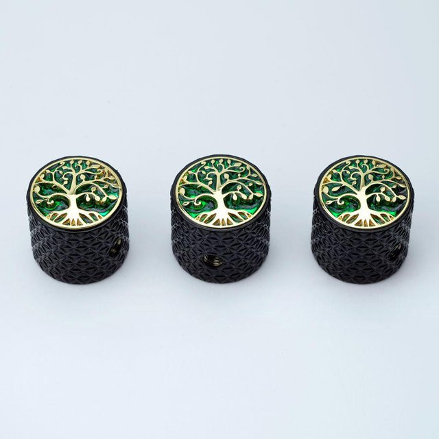 Guyker Potentiometerknopf mit Baum des Lebens Motiv in Schwarz für Gitarre und Bass, Innenbohrung 6 mm - Bild 1