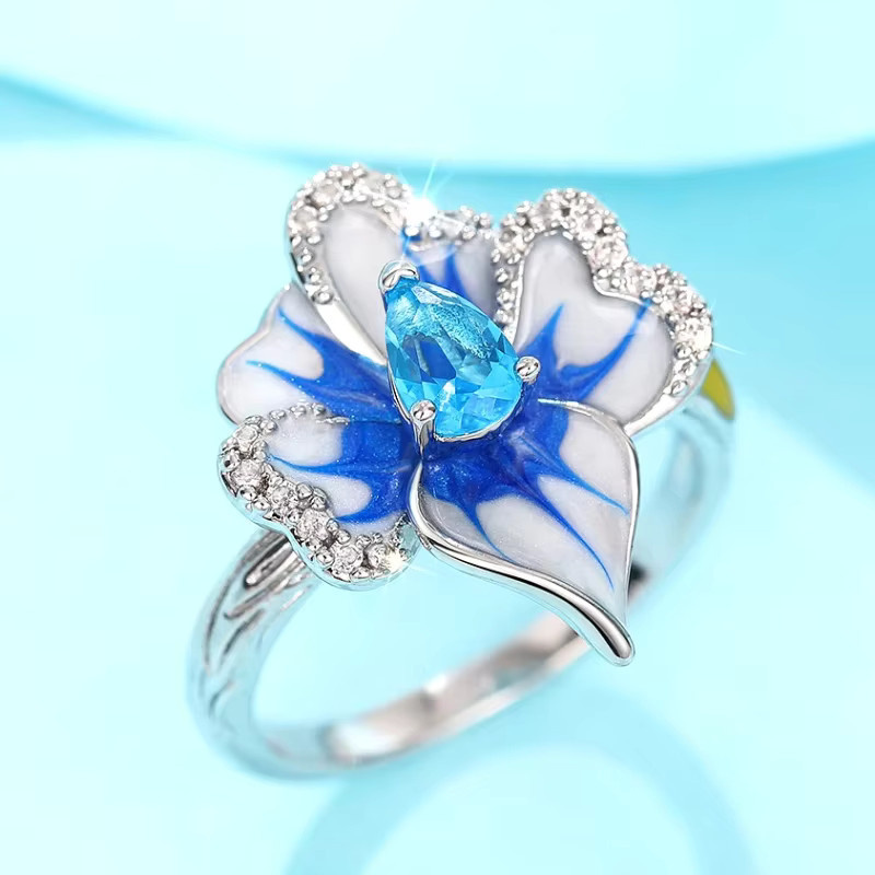 Huitan Ring, blaue Blume, Silber, Zirkonia, Damen - Bild 4