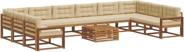 vidaXL Outdoor-Sofagarnitur aus Akazienholz in U-Form, 11-teiliges Set in Natur und Beige mit wetterfesten Kissen - Bild 1