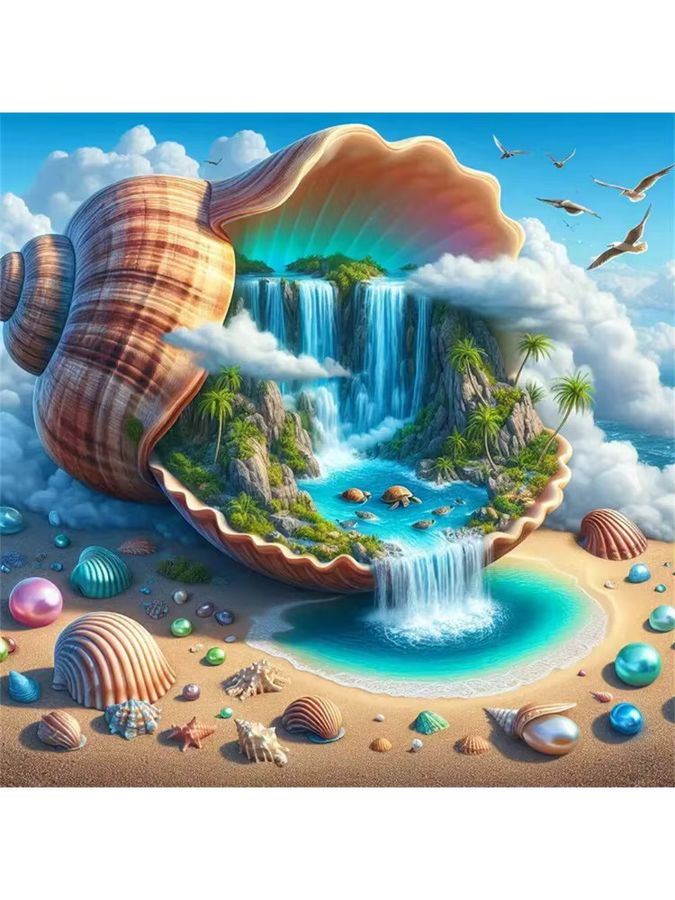 YUTTEE Diamond Painting DIY Set Abstrakte Landschaft mit Muschel und Wasserfall als Mosaik Stickerei für dein Home Decor mit runden Diamanten - Bild 4